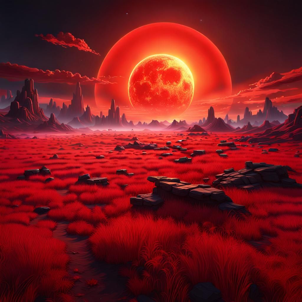 Gigantic Red Sun Over Dusky Plain: Detailed Matte Painting