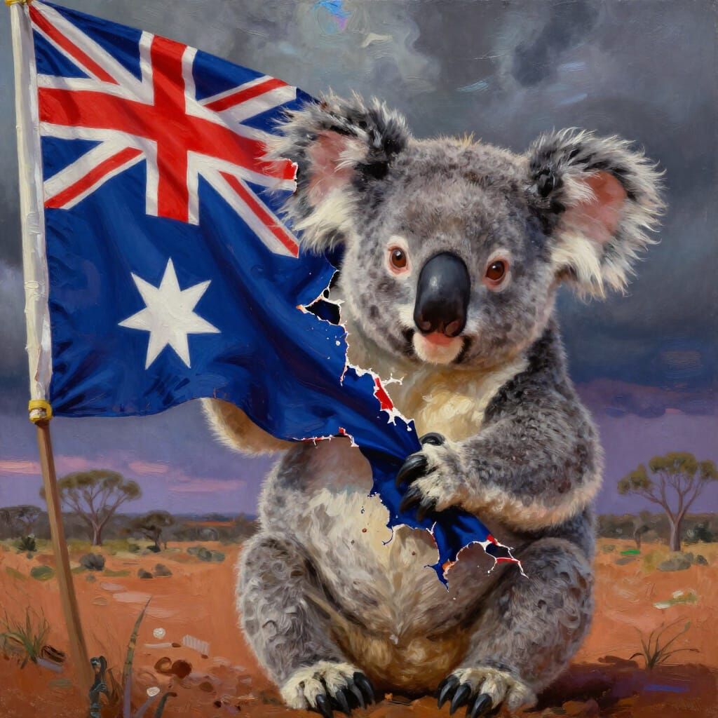 Koala Rips Australian Flag in Surrealist Oil Painting