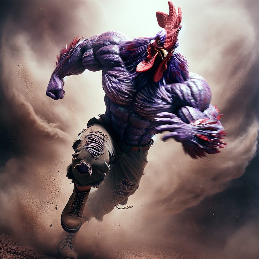 Muscular Purple Rooster Runs Forward with Determination