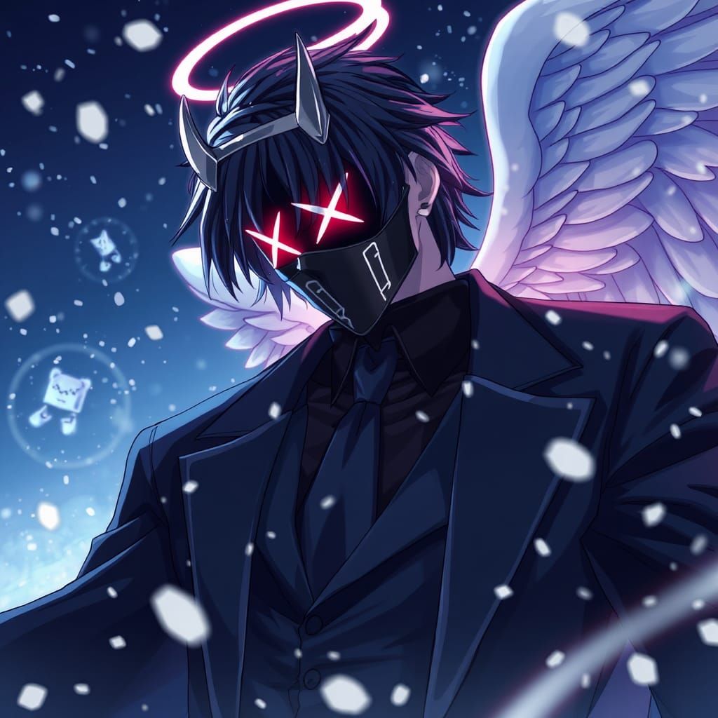 Anime Style: Figure in Angel Mask, Drifting Snow