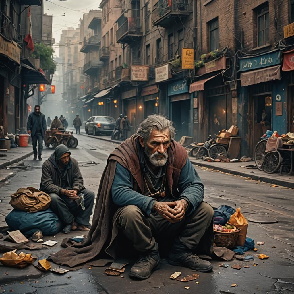 Depressed Man Begging: Detailed Matte Painting