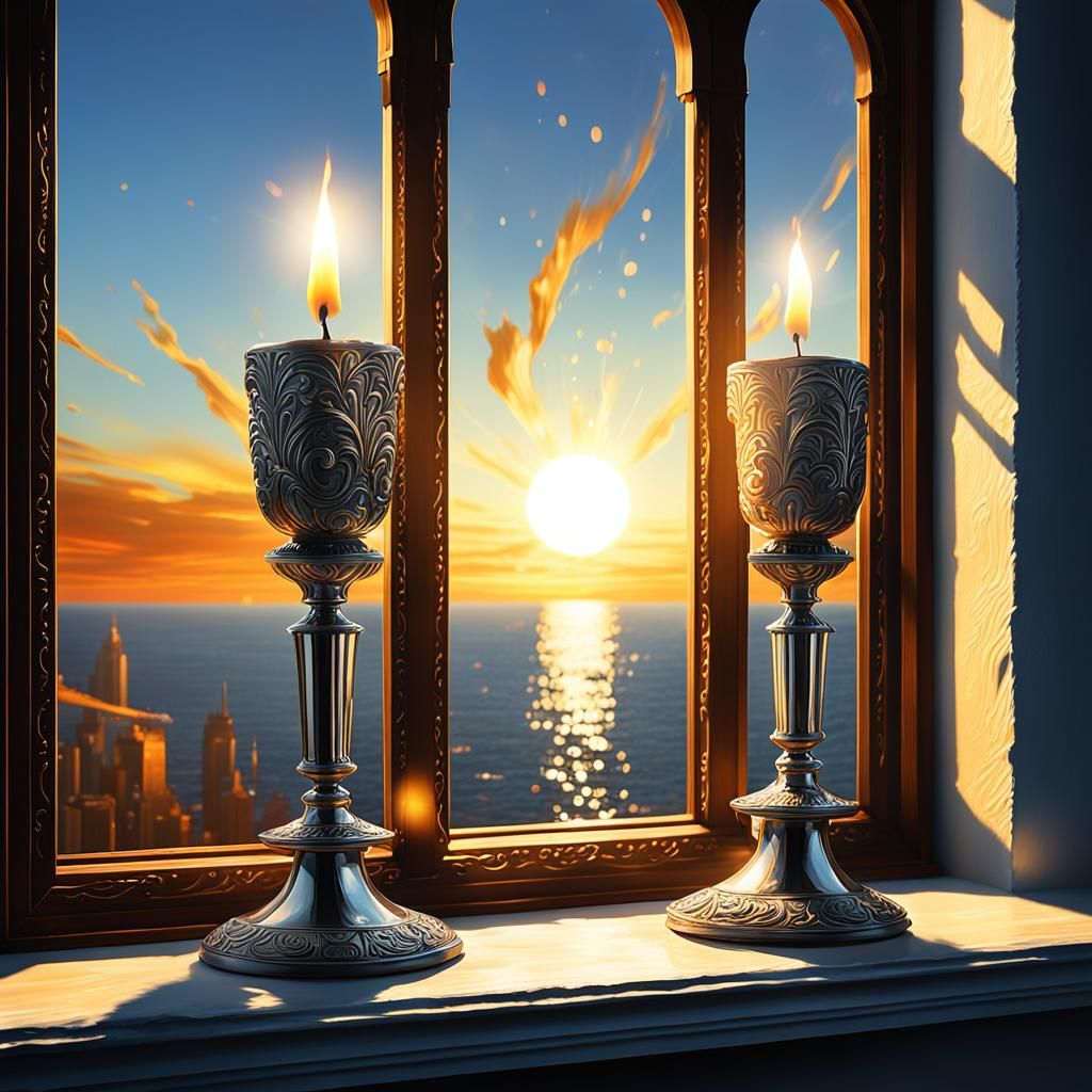 Candles Glow at Sunset: Hyperrealistic Still Life