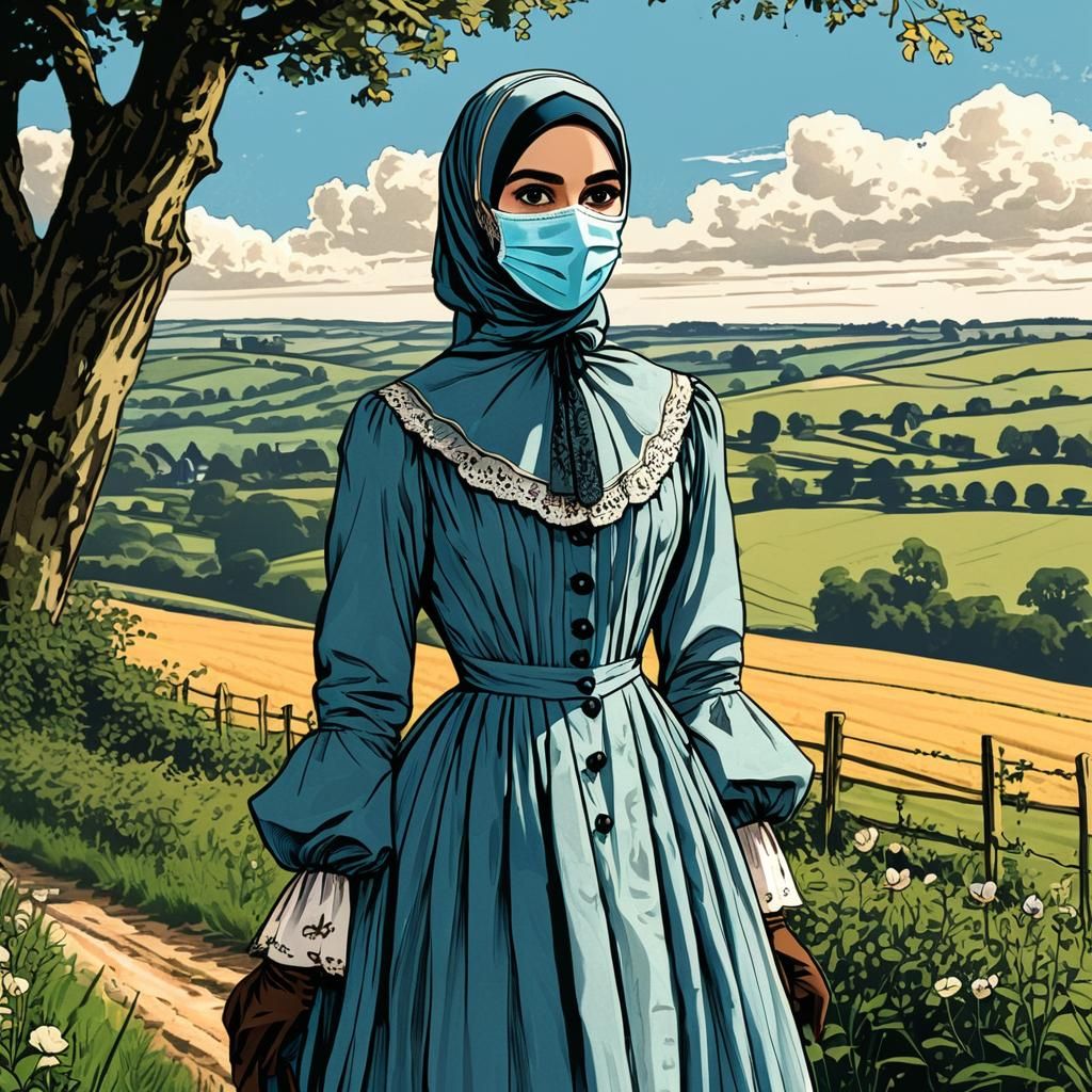 Victorian Woman in Countryside, Retro Comic Art