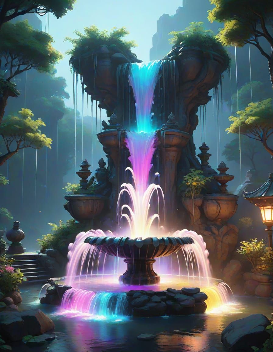 Glowing Multicolored Fountain in Vibrant 8K Anime Art