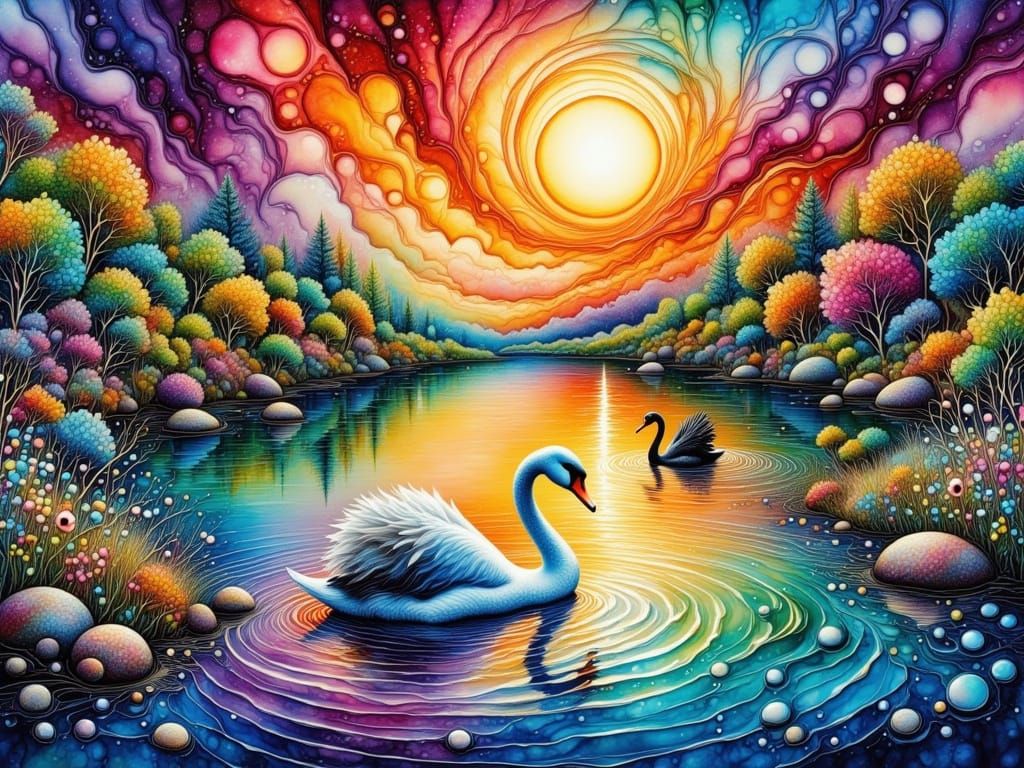 Vibrant Swans in Expressive Watercolor and Alcohol Ink