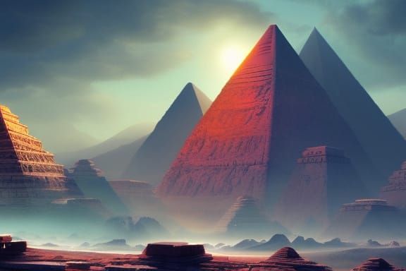 Luminous Pyramids in Ancient Fantasy Landscape