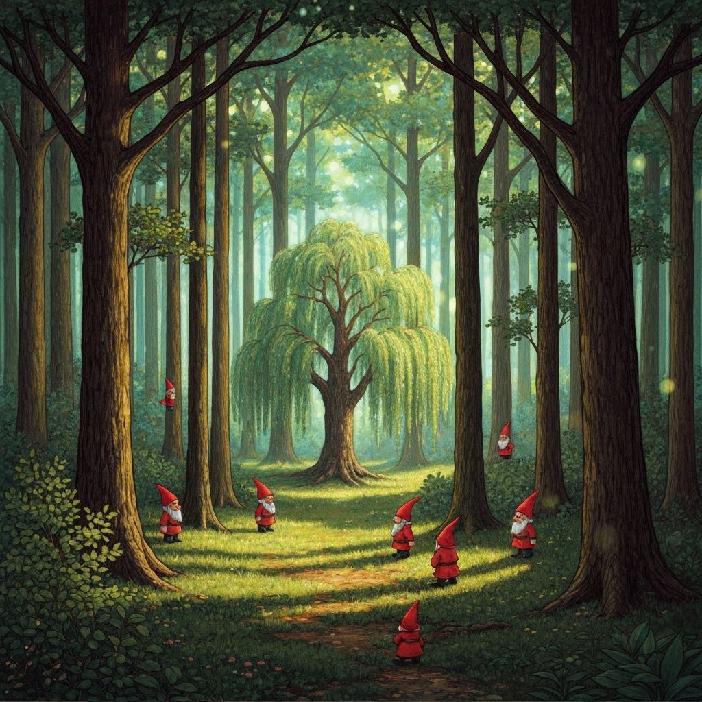 Enchanted Forest with Gnomes and Weeping Willow