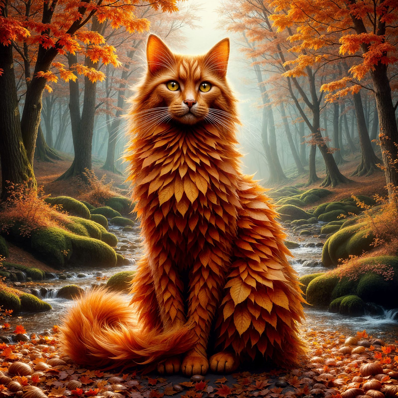 Autumnal Cat Sculpture in Forest Clearing