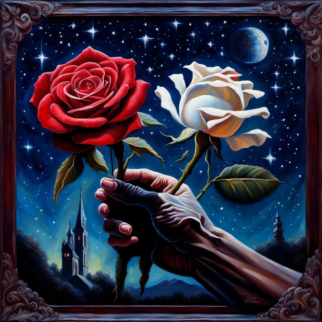 Gothic Crystal Hand Holding Rose Under Starry Sky