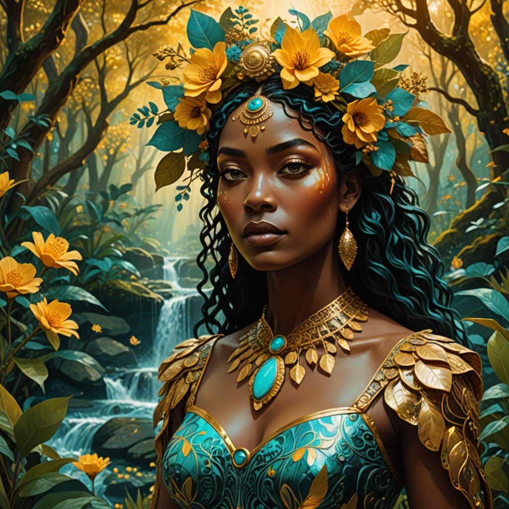 Surreal Goddess Emerges from Vibrant Forest in Golden Light