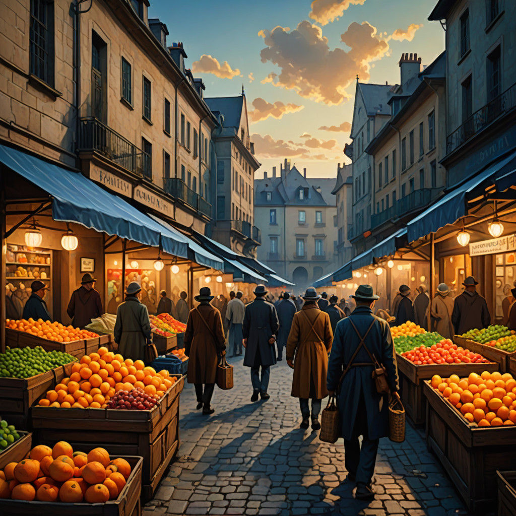 Vibrant Market Scene in Impressionist Style with Soft Golden...
