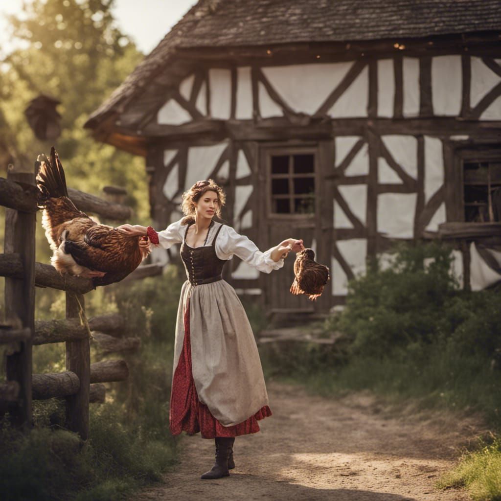 Medieval Woman Catches Hen: Professional Photography
