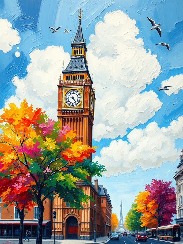 London Cityscape: Neo-Impressionist Painting of Big Ben