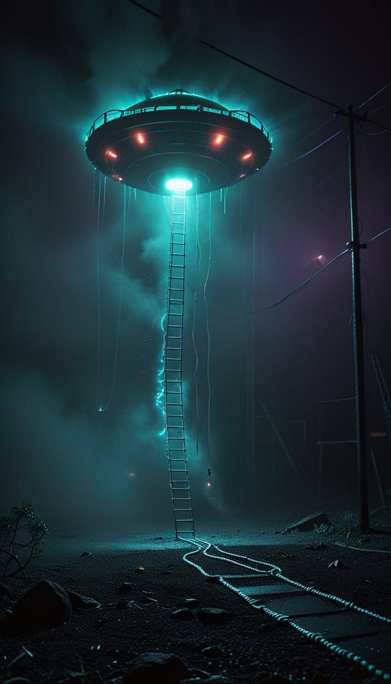 Man Under Streetlight Approached by UFO in Neon-Lit Nighttim...