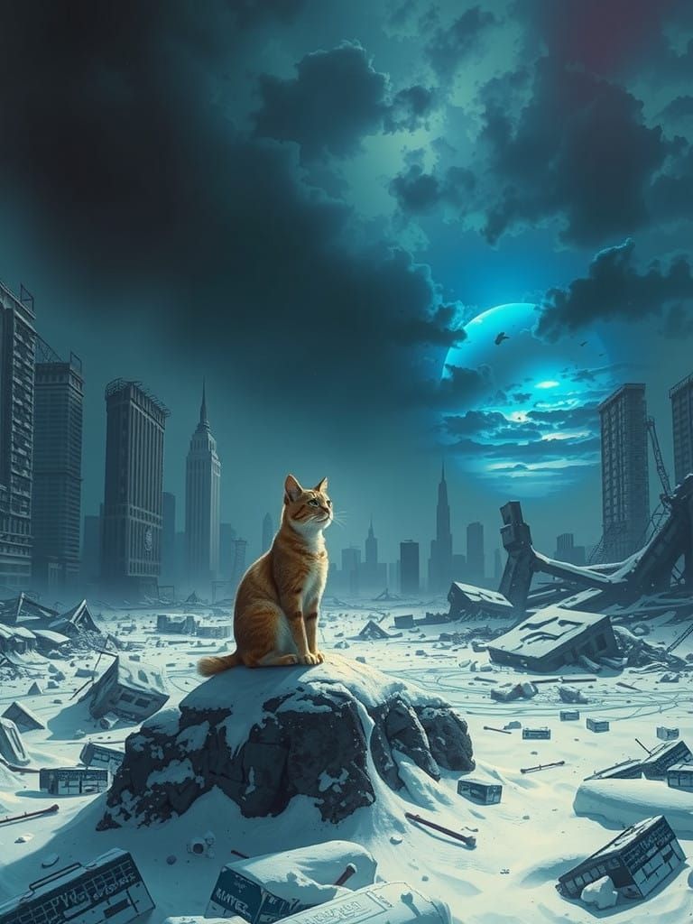 Surreal Post-Apocalyptic Cat Confronts Ruined Metropolis