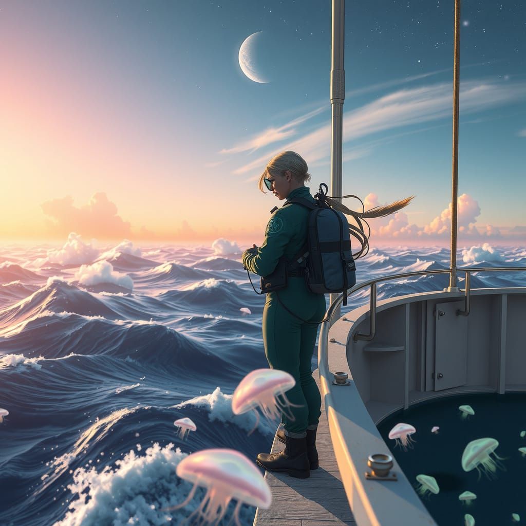 Floating Outpost: Divers Embrace Under Alien Sky