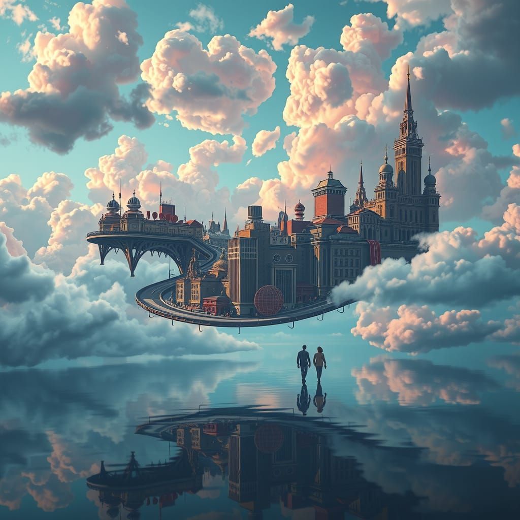 Surreal Floating City in Pastel Clouds with Escher-like Pers...