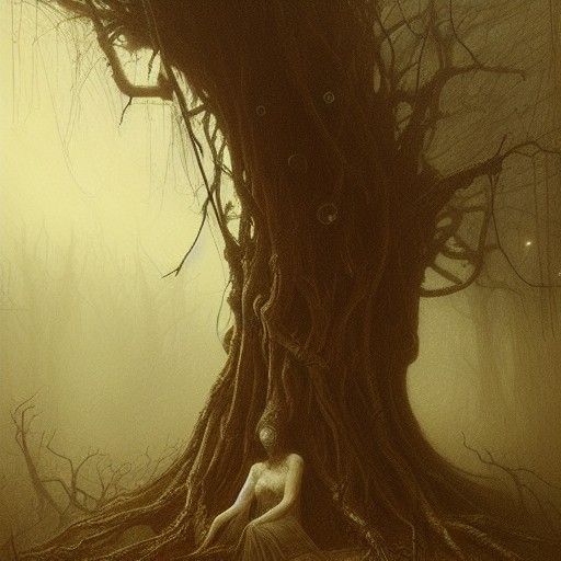 Dystopian Tree Horror Pierces Woman, Doré Style