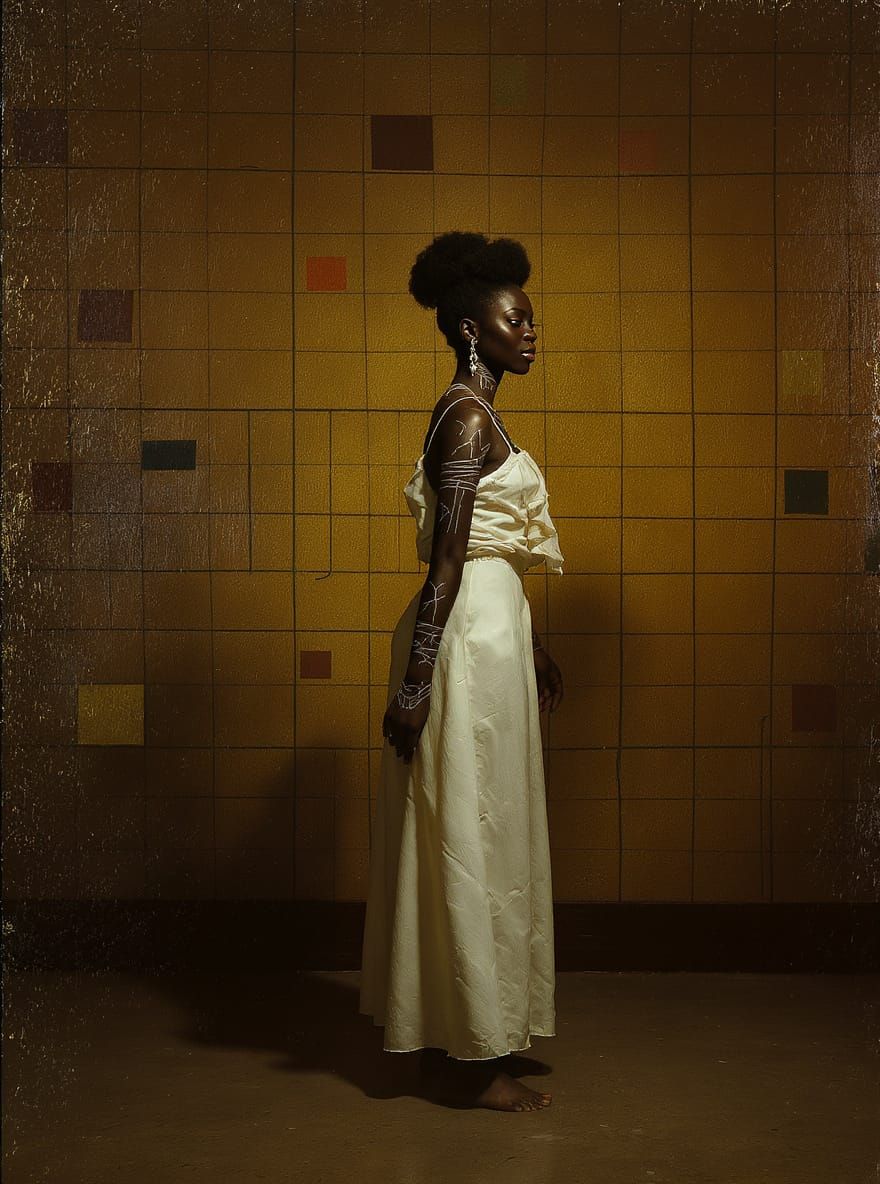 Black Woman in White Dress with Yoruba-Inspired Art