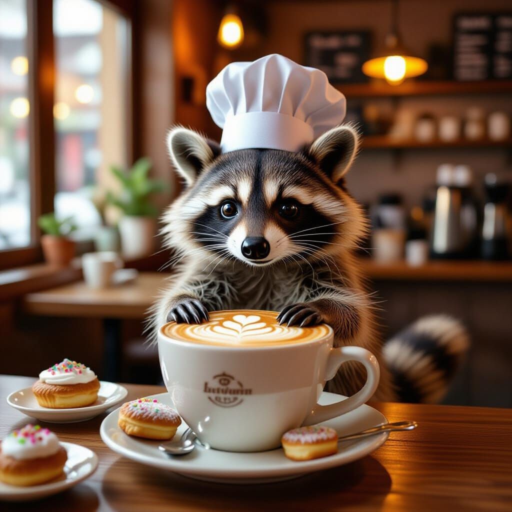 Raccoon Barista Creates Latte Art, Hyperrealistic Food Photo...