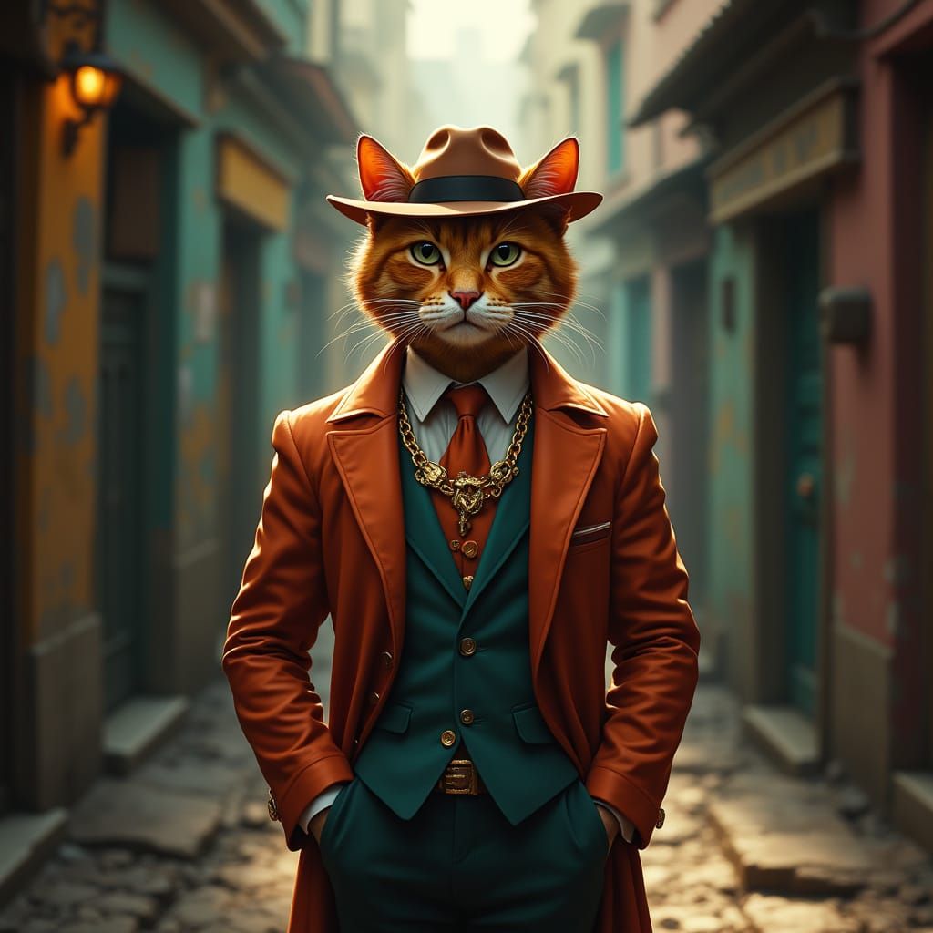 Confident Orange Cat in Gritty Mystic Alleyway