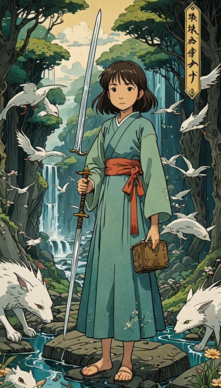 Page of Swords Tarot Card in Ghibli Style