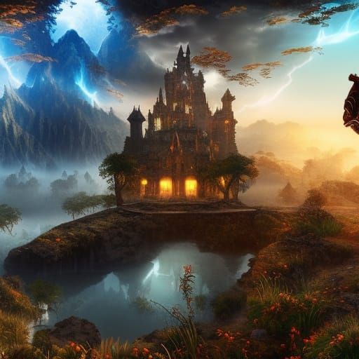 Epic AI Adventure Game Scene: Enchanted Landscapes