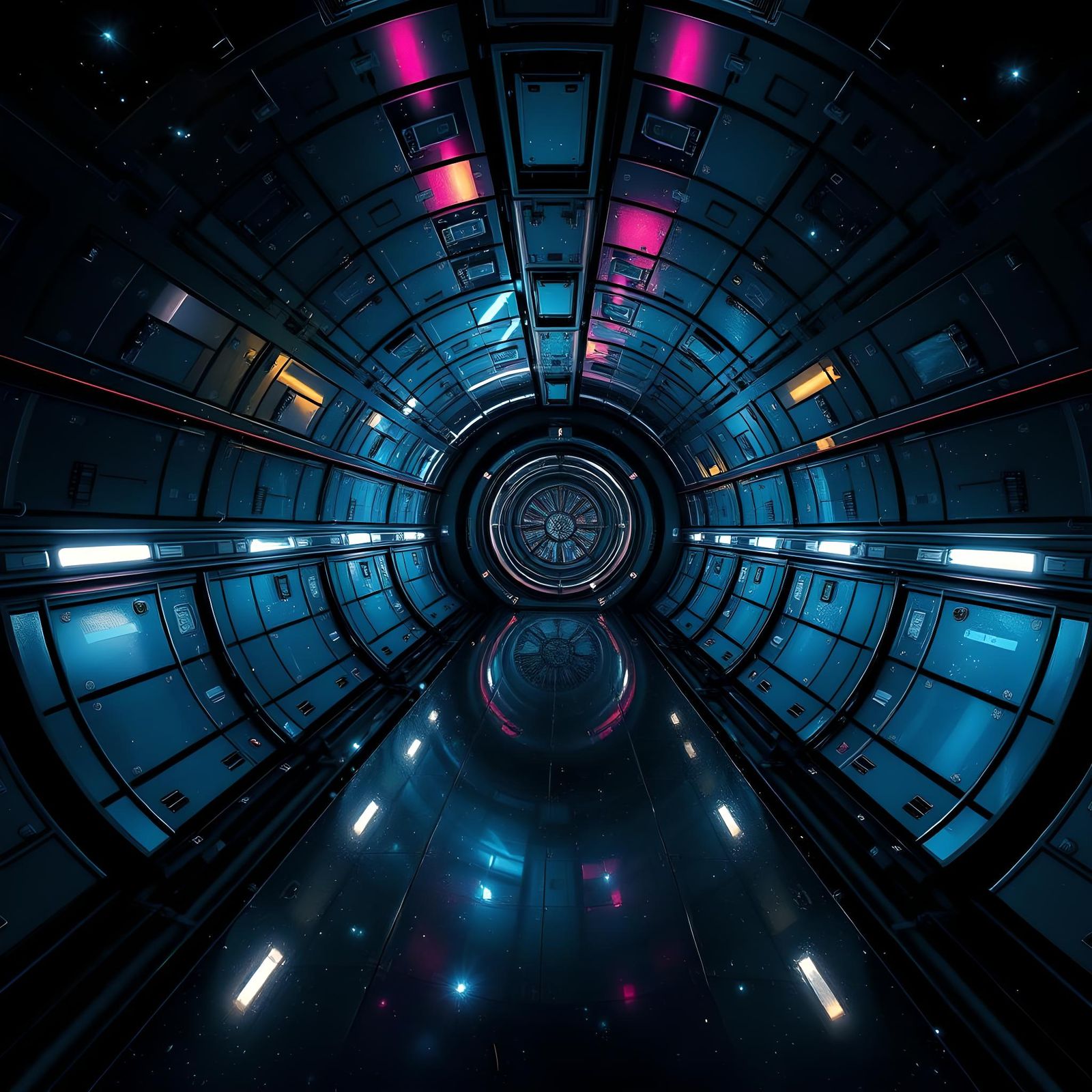 Surreal Metallic Mothership Corridor with Cosmic Background