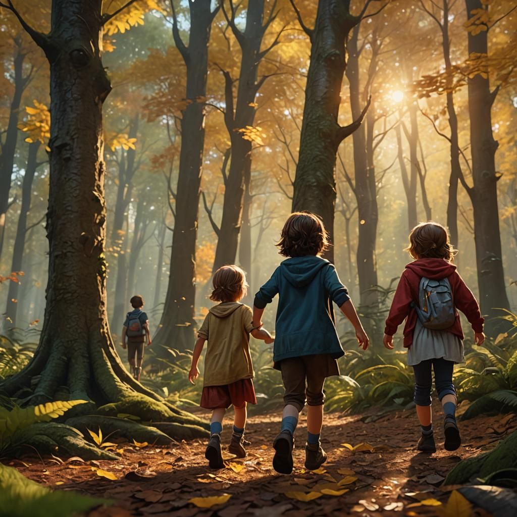 Children Play in Sunlit Forest: Hyper-Realistic Concept Art