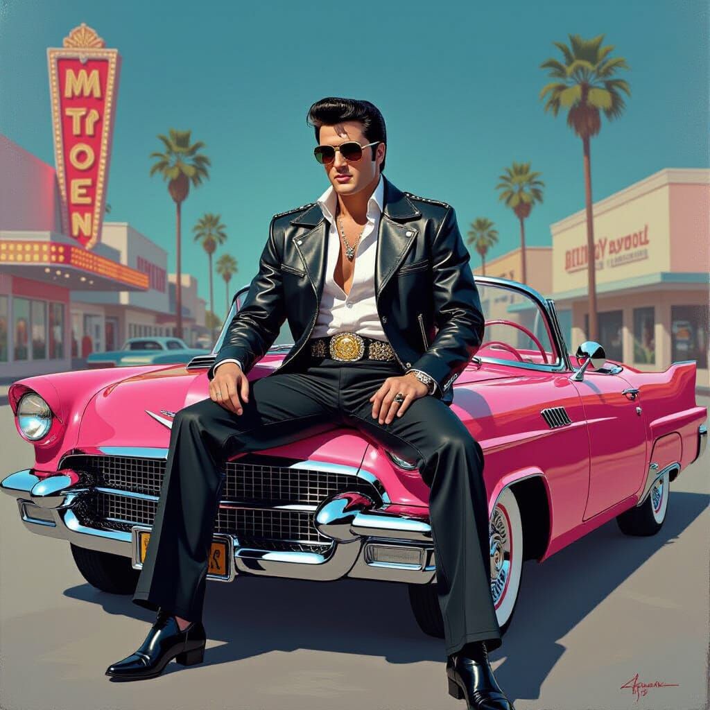 Elvis on Pink Cadillac in Pop Surrealist Style