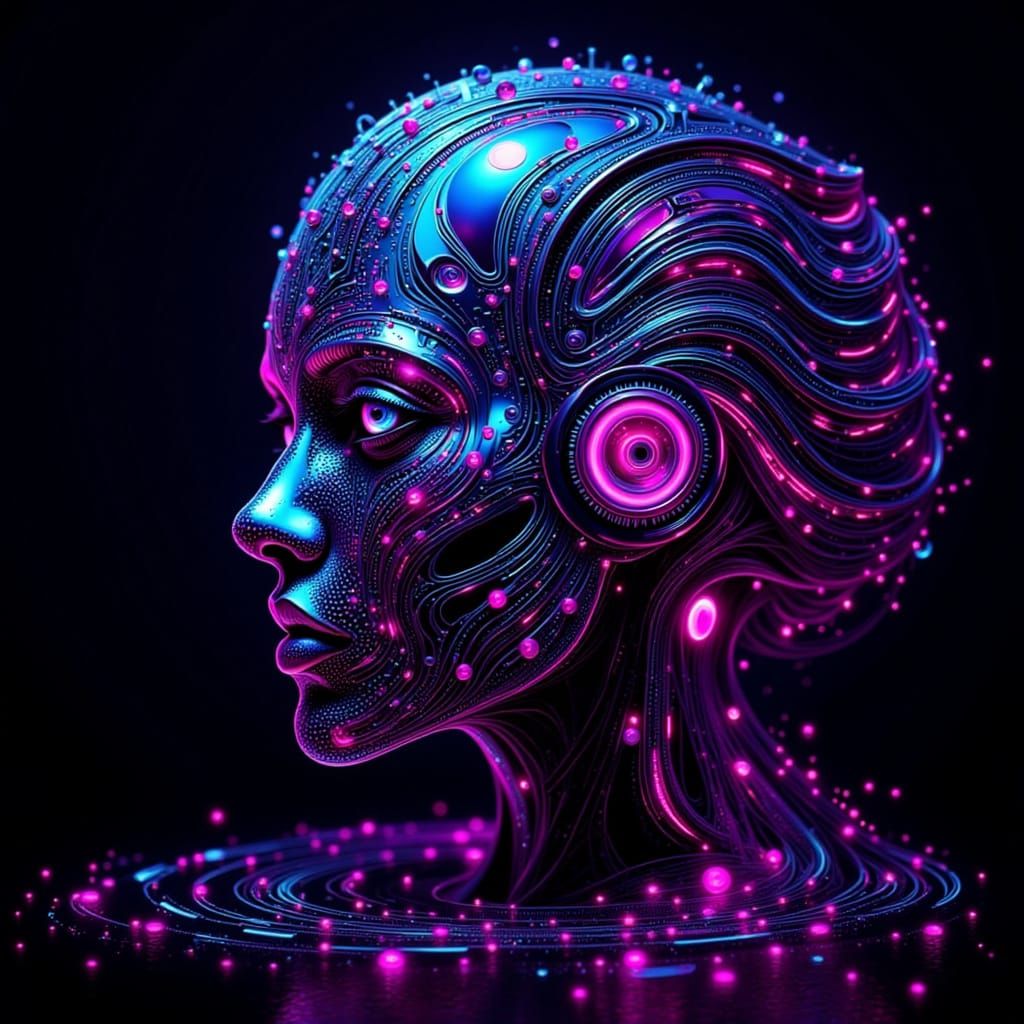 Biomechanical Head Extruded from Circuitboard, Cyberpunk Aes...