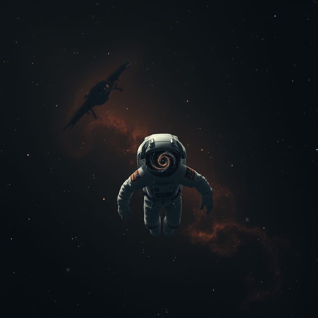 Astronaut Adrift in Nebula Reflecting Galaxy