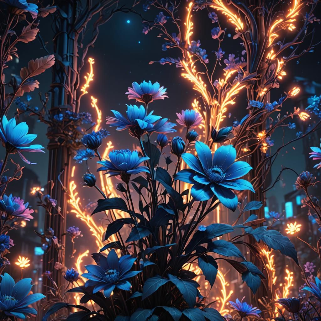 Neon Blue Flower at Night: Fantasy Concept Art