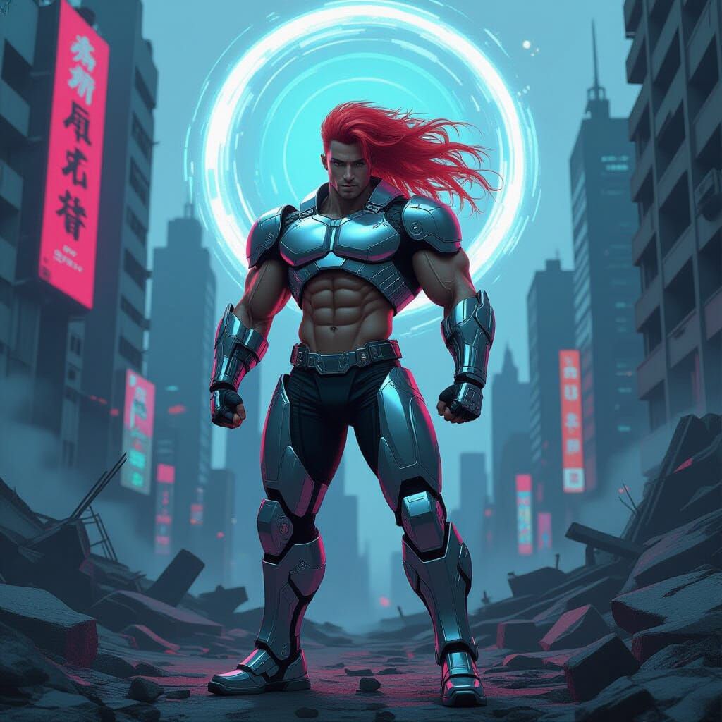Cyberpunk Bodybuilder in Metropolis Ruins