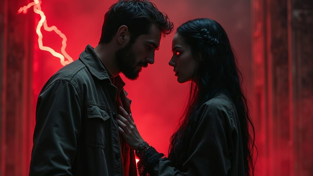 Man in Dark Cathedral Kneels Before Lilith in Gritty, Cinema...