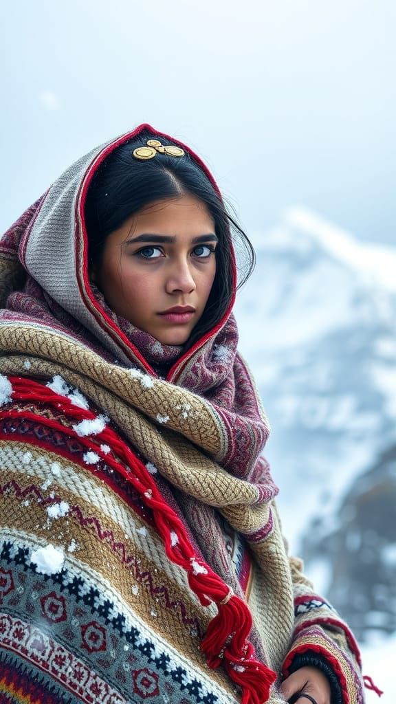 Himalayan Girl on Snowy Peak, Surreal Art