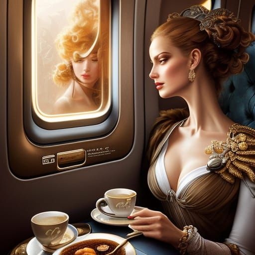 Rococo Woman in Airplane Cafe, Hyperdetailed