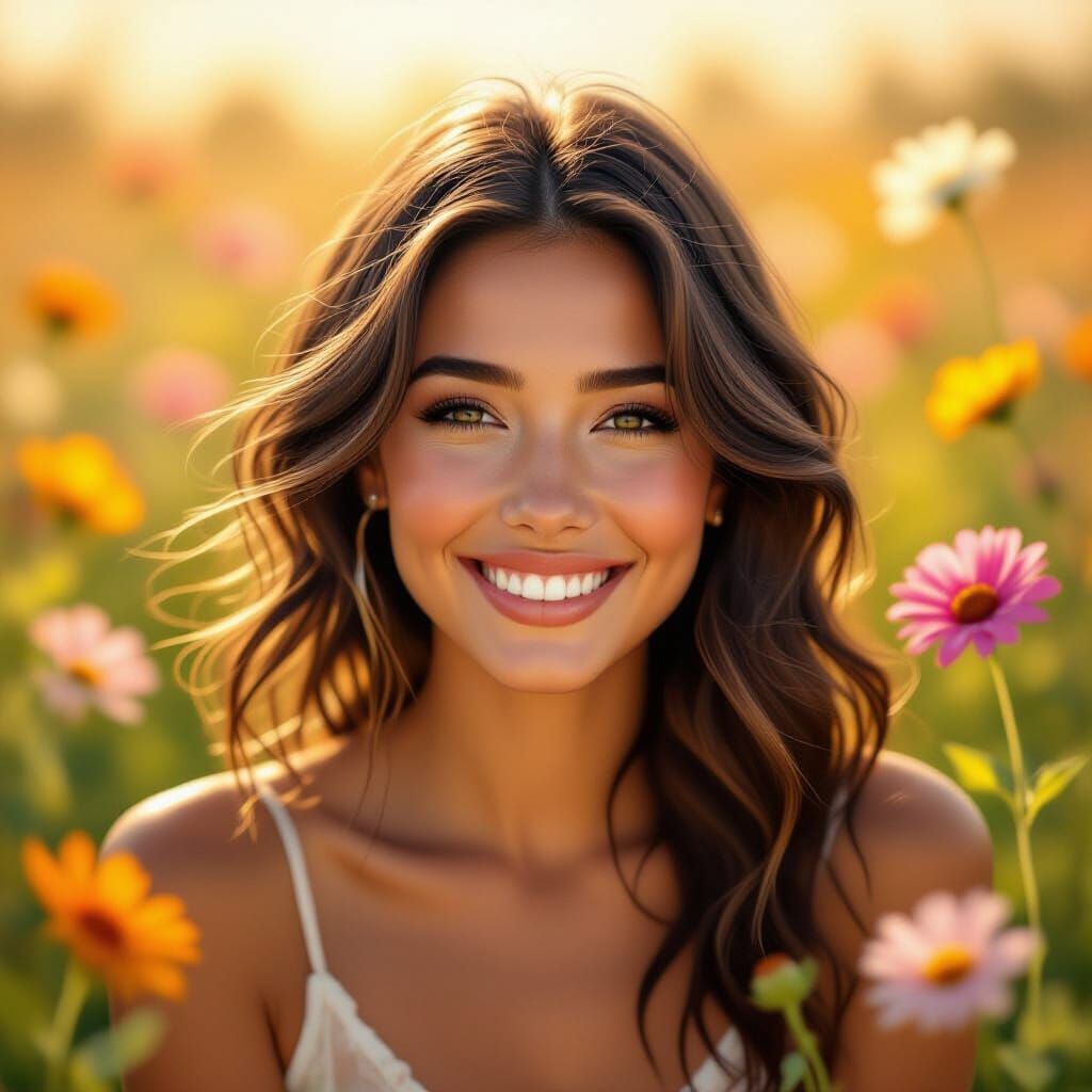 Smiling Woman Surrounded by Flowers: Digital Impressionism