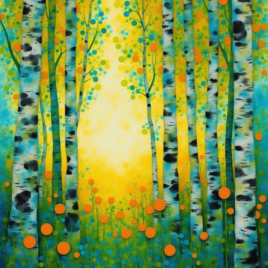 <lora:Gelliprint:1.0> Sunrise in a birch tree forest gelliprint nature