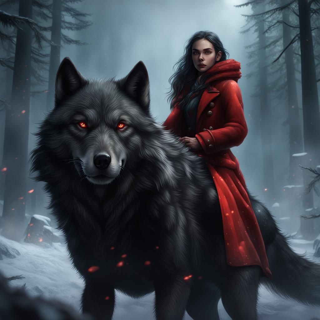 Girl in Red Coat Rides Black Wolf