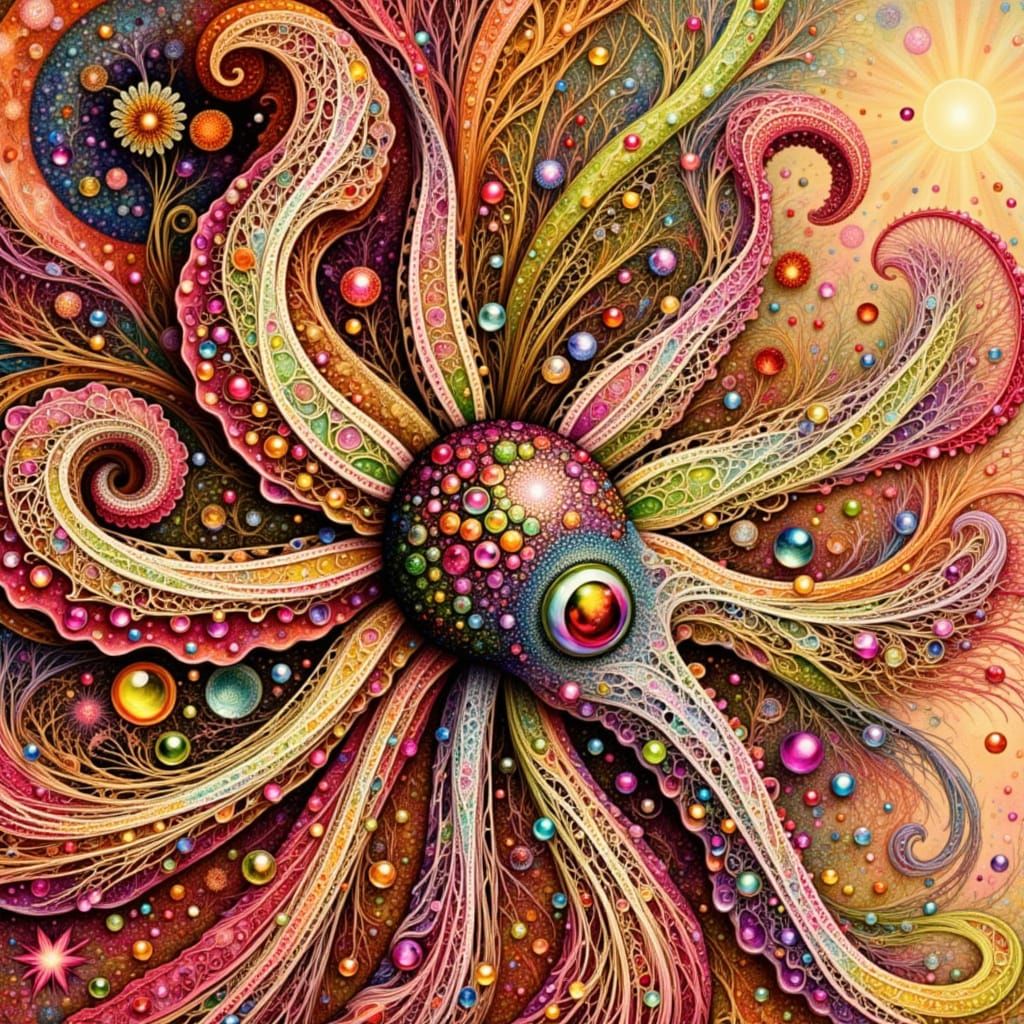 Adorable Floral Octopus in Opalescent Fractal Style