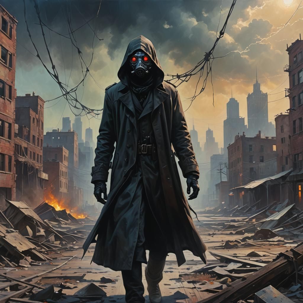 Eerie Apocalyptic Scene with Gas-Masked Figure