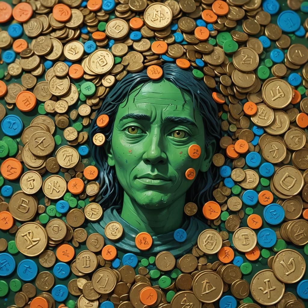 Clay Figure Surrounded by Golden Coins in Vibrant Colors