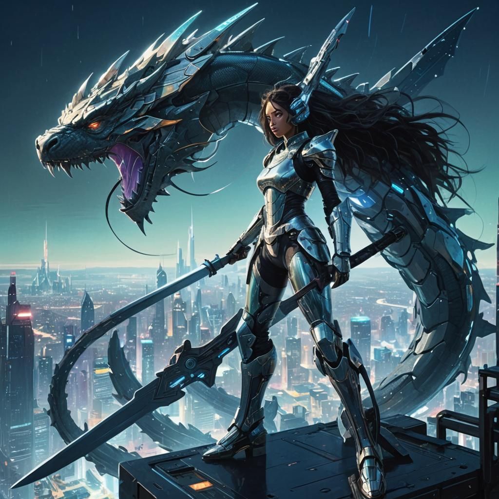 Cyberpunk Woman with Sword in Futuristic Cityscape