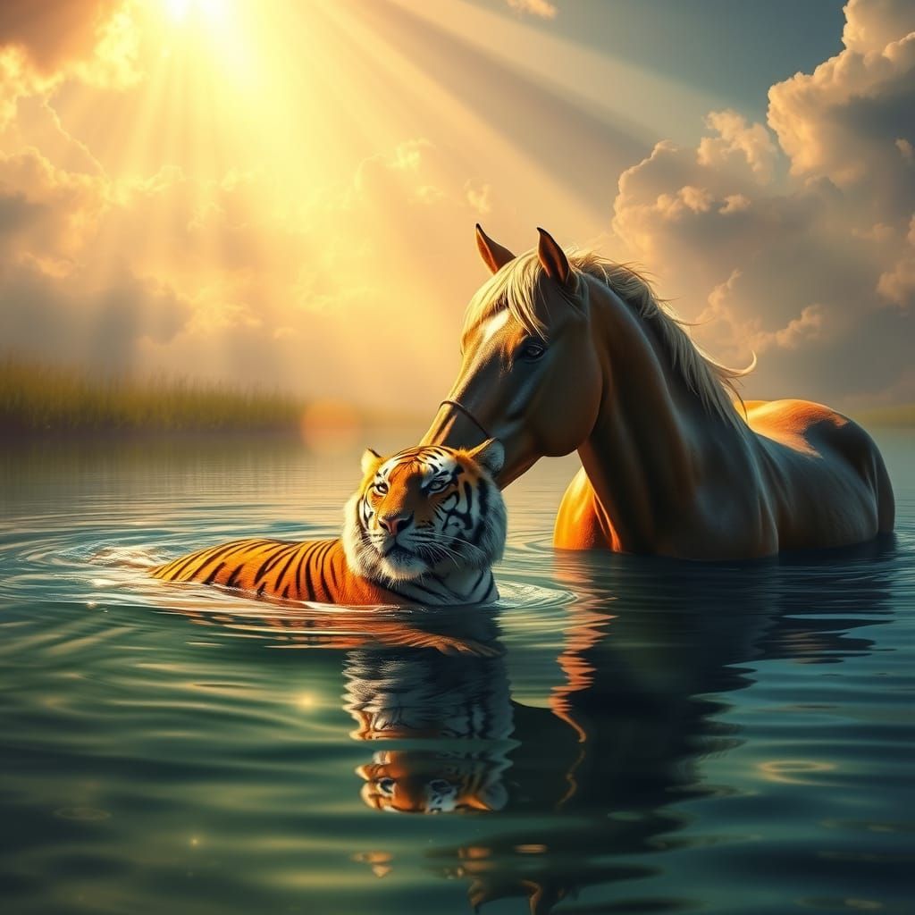 Ethereal Arabian Horse and Bengal Tiger in a Serene Pond Sce...