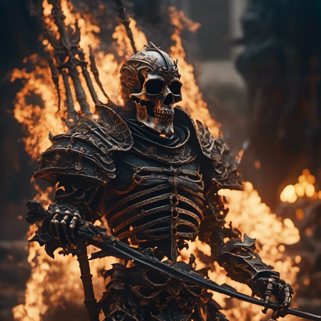 Burning Armored Skeleton Archer in Hyperreal Style
