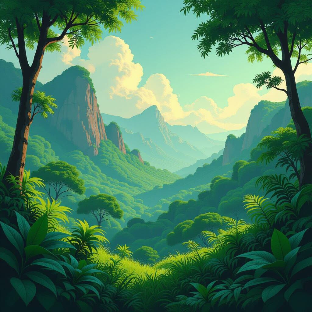 Lush Green Landscape with Atmospheric Lighting