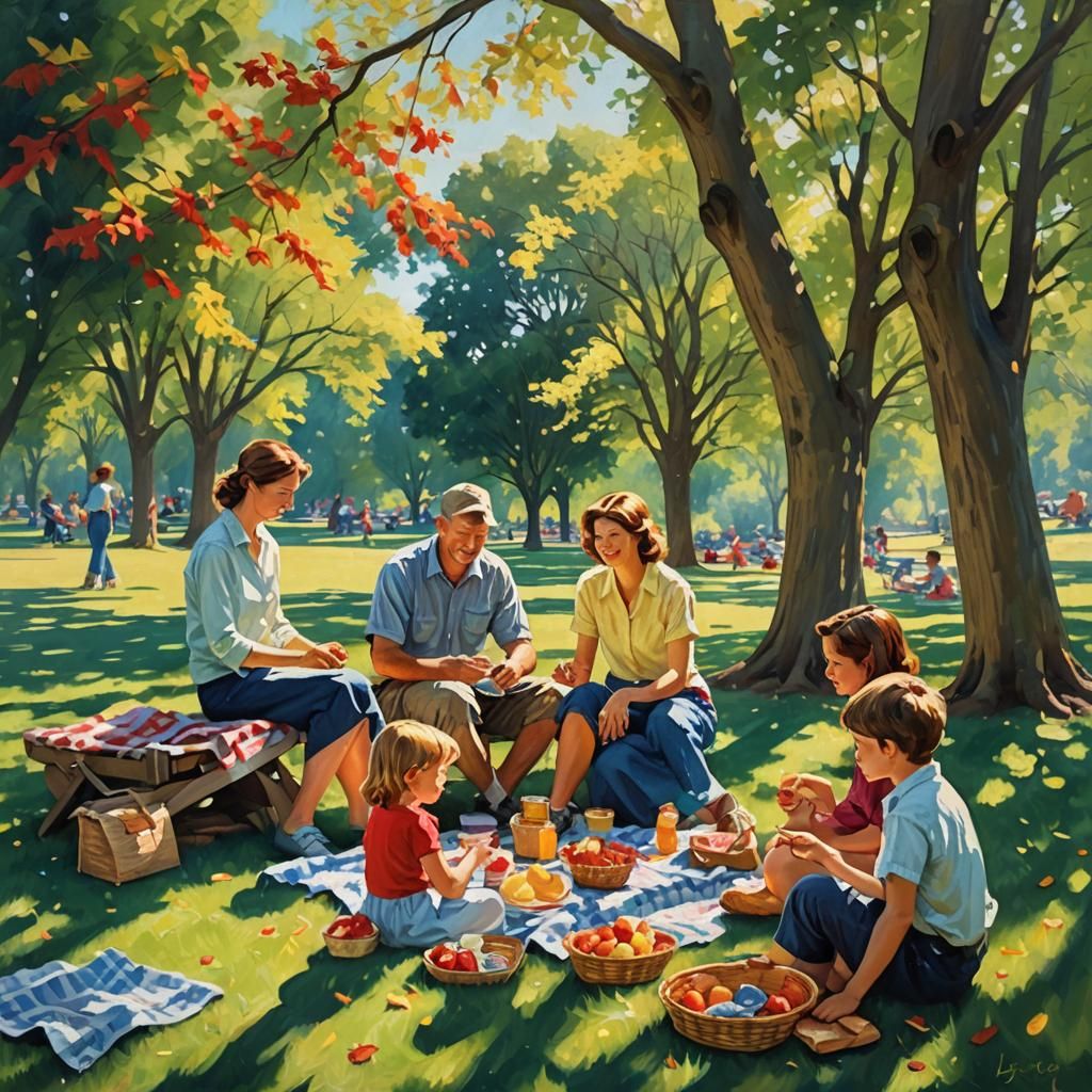 Family Picnic in Park: Impressionist Oil Painting