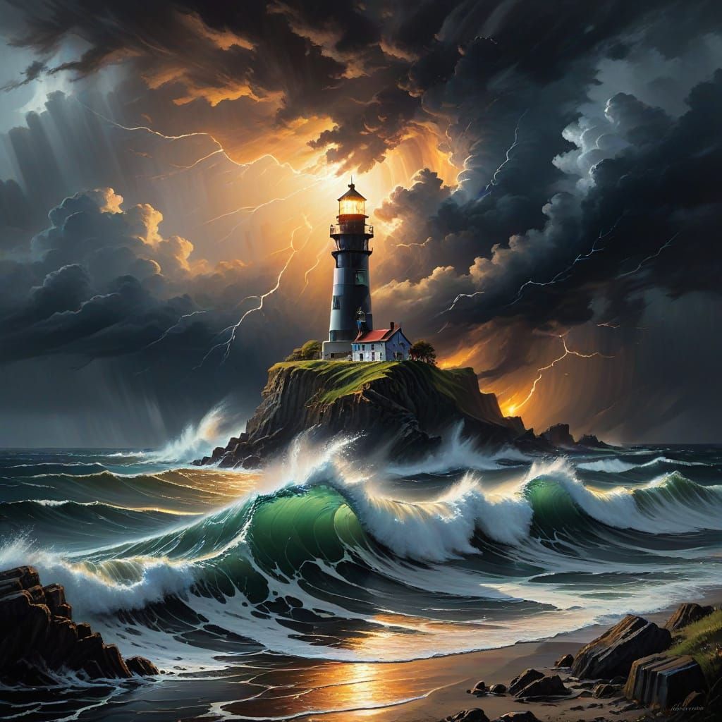 Lighthouse Beacon in Storm, Impressionist Oil Painting
