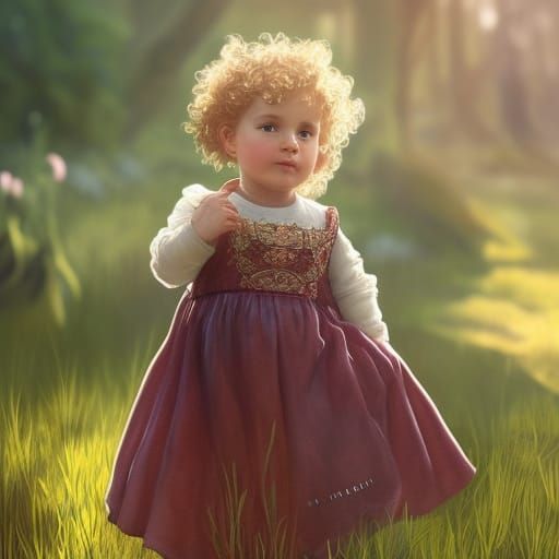 Toddler in Garden: Hyperdetailed Portrait in Art Nouveau Sty...